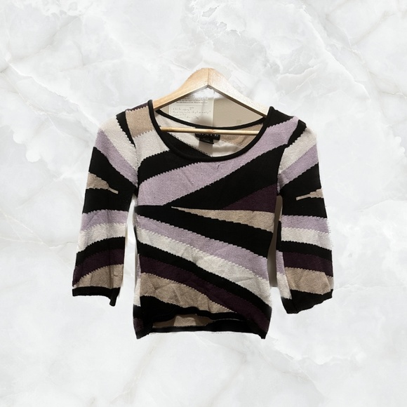 Purple, Black, Tan, and White Striped Half Sleeve Blouse Made in Korea - Picture 1 of 5